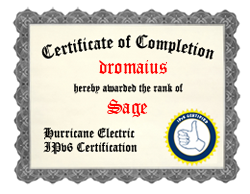 IPv6 Certification Badge für dromaius (Hurricane Electric)